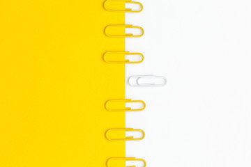 Top view paper clip collection aligned. Outstanding, choice and difference concept. Being unique and individuality.