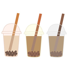 The delicious three cup of bubble tea with different color. A cold soft drink for summer. Sweet beverage. Tasty and yummy food. A takeaway Product logo. 
