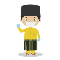 Character from Malaysia dressed in the traditional way and with surgical mask and latex gloves as protection against a health emergency