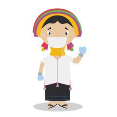 Padaung girl character from Myanmar (Kayan Tribe) dressed in the traditional way and with surgical mask and latex gloves as protection against a health emergency