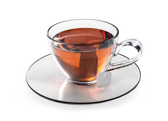 Cup of tea isolated on white background. Glass cup with teabag.  Black, brown hot tea. 