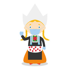 Character from Holland or Netherlands dressed in the traditional way and with surgical mask and latex gloves as protection against a health emergency