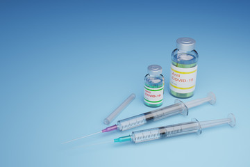 3D illustration of Syringes, Anti COVID-19 vaccine vial on blue tabletop