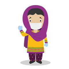 Character from Pakistan dressed in the traditional way and with surgical mask and latex gloves as protection against a health emergency