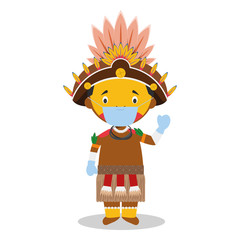 Character from Papua New Guinea (Dani Tribe) dressed in the traditional way and with surgical mask and latex gloves as protection against a health emergency