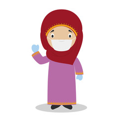 Character from Qatar dressed in the traditional way and with surgical mask and latex gloves as protection against a health emergency