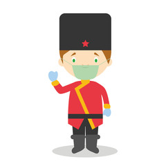 Character from Russia dressed in the traditional way and with surgical mask and latex gloves as protection against a health emergency