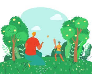 Obraz na płótnie Canvas Happy family rest in summer, father play with son in nature, outside countryside cartoon vector illustration. Family with kids in country in garden landscape, grass and fruit trees, fun activity.