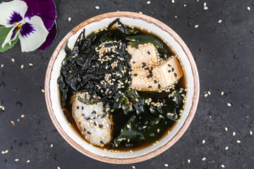 miso soup with tofu and salmon