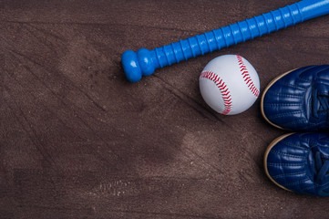 Baseball equipment on grey background. Online workout concept.