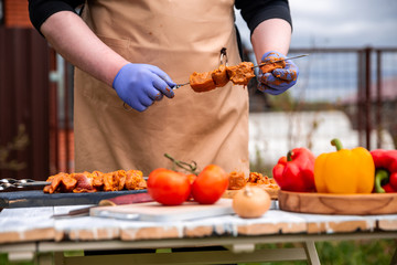 barbecue bell pepper mushrooms cook lie on the table on nature