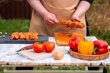 barbecue bell pepper mushrooms cook lie on the table on nature
