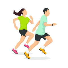 Fototapeta na wymiar Man and woman are running in modern style vector illustration, healthy person simple flat shadow isolated on white background.