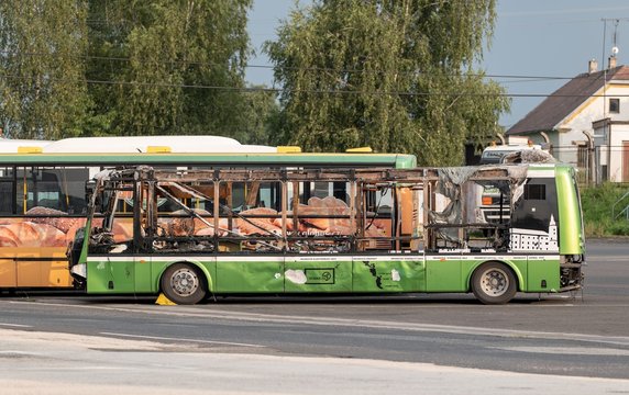 Side view of burnt SOR EBN 9.5 electric bus from Hranice na Morave which caught fire and was destroyed. It show the risk of EVs and their batteries