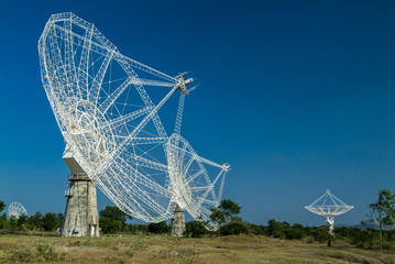 Radio telescopes dishes at National Radio Astronomy Observatory -Giant Metrewave Radio Telescope. India, Pune, GMRT.