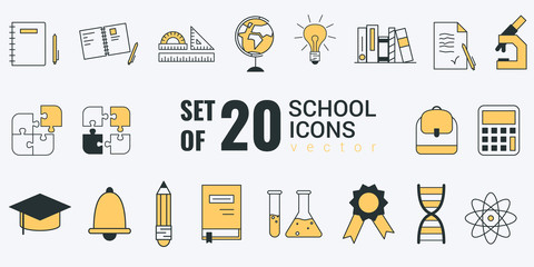 Set of 20 vector icons of school related objects. It includes books, paper, pencil, globe, chemistry flask, puzzle, bag, calculator, bell, microscope and more. Can be used as a logo, icon, or label