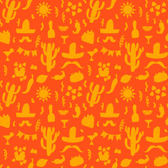 Seamless doodle vector pattern with mexican festive symbols silhouettes: foods, cactuses, sombrero, tequila, pepper.