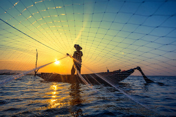 Fisherman net sunset Silhouette boat