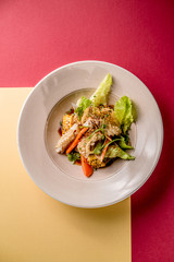 Vegetables salad carrot corn seafood topping dressing dish cuisine