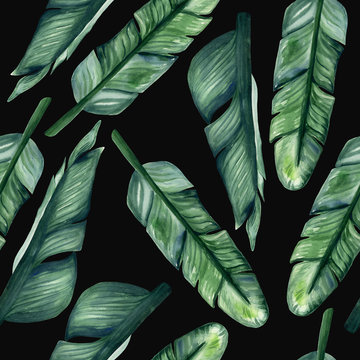 Watercolor hand painted seamless pattern with leaves of banana tree on black background. Bright tropical pattern is perfect for trendy textile design.