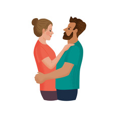 Fototapeta na wymiar Two lovers man and woman hugs looking at each other with tenderness. Vector isolated illustration with texture. Cartoon characters for the feast of Saint Valentine
