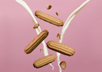 Cookies levitation.Delicious shortcrust cookies against purple background