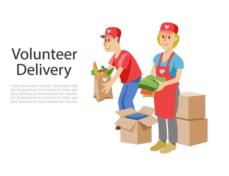 Volunteers dellivery of food in cardboard donation box, products for help to poor or ill pandemic people in quarantine, support social care, volunteering and charity vector illustration. Voluntary.