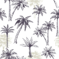 Palm tree seamless pattern. Beautiful island landscape exotic nature with palm trees, beach and ocean tropical jungle sketch vector texture