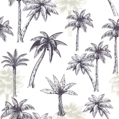 Tapeten Nahtloses Muster der Palme. Exotische Natur der schönen Insellandschaft mit Palmen, Strand und tropischem Dschungel des Ozeans skizzieren Vektortextur © YummyBuum