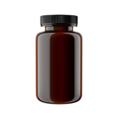 Amber Glossy Plastic Bottle with Black Cap, Isolated on white background.