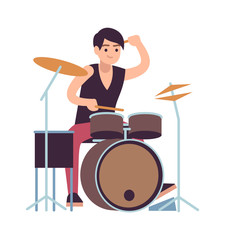 Drummer. Young man playing on drums, vector cartoon rock and pop musician and instrument