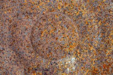 Top view of a rusty iron barrel lid background. Metal corrosion.
