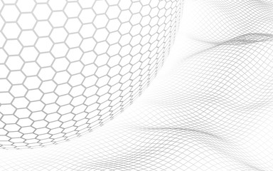 Abstract landscape on a white background with white honeycomb sphere. Cyberspace grid. hi tech network. 3d illustration