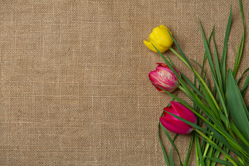 A bouquet of spring flowers lies on a burlap