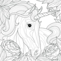 Fototapeta premium Unicorn among peony.Coloring book antistress for children and adults. Illustration isolated on white background.Zen-tangle style.Black and white drawing
