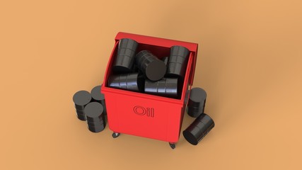 3d render red dustbin with oil barrels inside