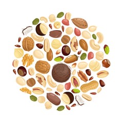 Nuts background. Various nuts in circle form. Peanut, hazelnut and pistachio, cashew and pecan, walnut. Brazil nut and almond vector concept