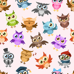 Owls seamless pattern. Colorful cute wise owl, joyful forest birds cuteness childish wallpaper print, textile cartoon vector texture