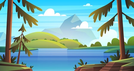 Fototapeta na wymiar Summer sea landscape. Ocean seashore panorama, bay with vegetation and pine-trees, summer nature cartoon vector background