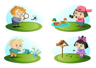 Children study nature by observing it and helping to take care of the environment. Graphic design. Vector illustration.