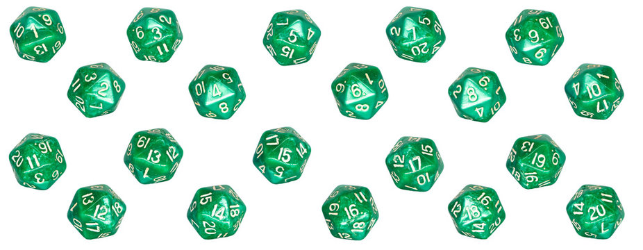 Every number side of a well used green plastic D20 game dice.  Isolated on a white background