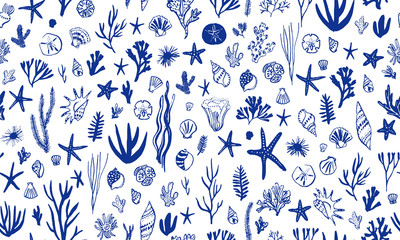 Sea world seamless pattern, background with sea shells and marine plants, summer time design