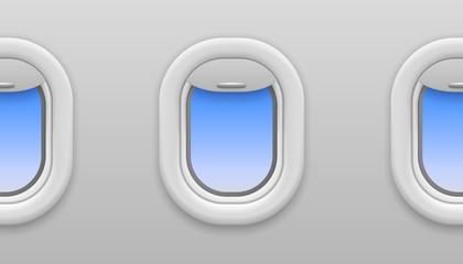 Plane window. Airplane windows with blue sky view, opened porthole in flying airplane, travel and tourism, seamless vector texture