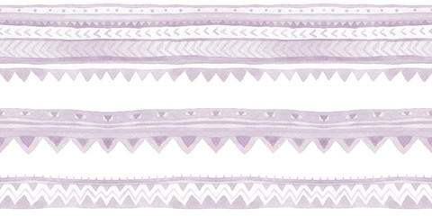 Light Lilac tribal seamless borders with stripes and ornament. Watercolor raster ethnic design element.