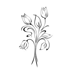 ornament 1156. unique stylized bouquet of three flower buds with leaves and curls in black lines on a white background