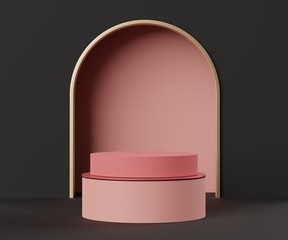 3d abstract minimalist geometric forms. Luxury podium display in  Black Pink coral color theme. Fashion show stage,pedestal, shopfront for display.