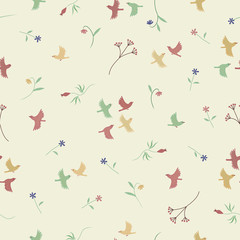 Fototapeta na wymiar Flower and birds color seamless pattern. Vector background.