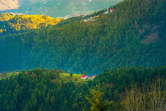 Village in the mountains in the morning at Dalhousie, Himachal Pradesh, India.