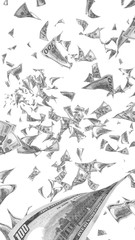 Fototapeta premium Flying dollars banknotes isolated on white background. Money is flying in the air. 100 US banknotes new sample. Black and white style. 3D illustration