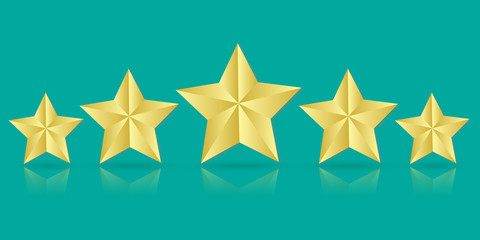 Five golden stars with reflection. Vector illustration